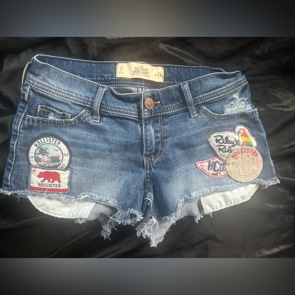 Hollister Dark Blue Low-Rise Denim Shorts with patch  Detail